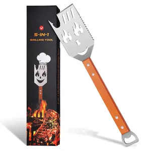 5 en 1 outil de barbecue spatule manche en bois en acier inoxydable barbecue gril spatule avec fourchette couteau ouvre-bouteille fonction attendrisseur de viande