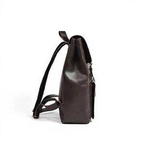 Unisex Genuine Leather <b>Backpack</b> Solid Brown Hasps Closure Front Pocket Adjustable <b>Strap</b> Durable Casual Daily Use - Product Image 4