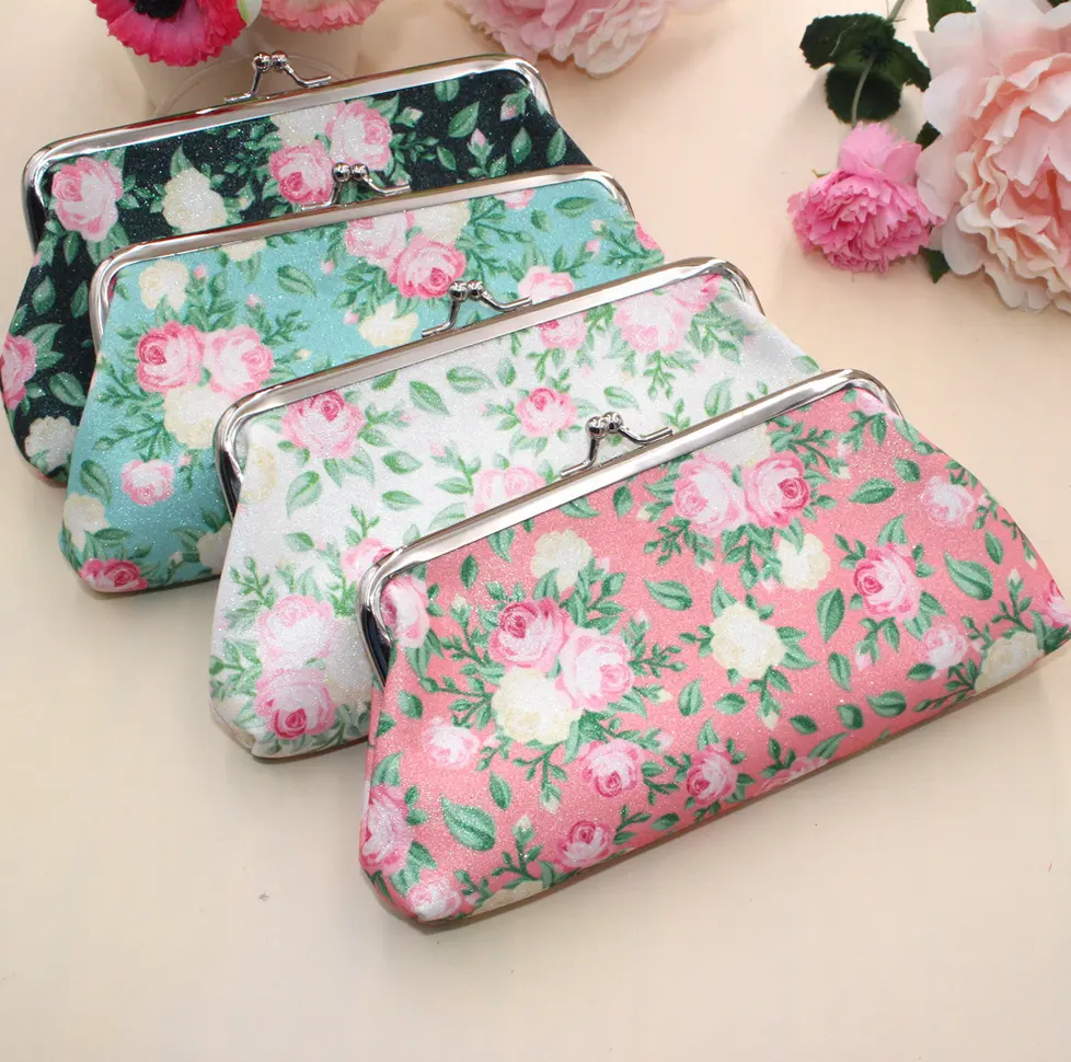 Nouveau petit paillettes fleur imprimé toile petite pochette dames poudre brillante longs portefeuilles Antique Floral porte-monnaie avec moraillon