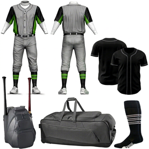 Ensemble complet d'uniformes de baseball gris : chemise noire, casquette, sac, chaussettes, ceinture – Respirant, anti-humidité, antibactérien, grandes tailles, 100 % coton - Product Image 1