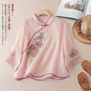 Retro Cotton Linen Embroidered Chinese Style Stand Collar Mid Sleeve Shirt For Women - Product Image 2