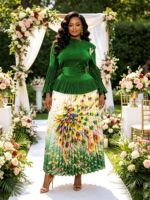 Ensemble 2 Pièces Élégant et Décontracté pour Femme Grande Taille : Haut Uni à Manches Évasées et Jupe Plissée à Imprimé Floral – Vente en Gros