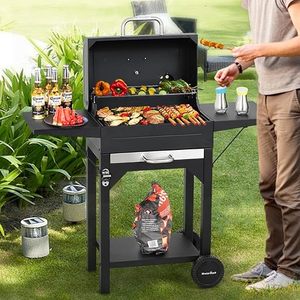 Griglia a Carbone Quadrata da Giardino con Due Tavoli Laterali, Carrello per Barbecue - Product Image 6