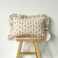 Housse de coussin rectangulaire en coton 30x50cm style cottage français, imprimé petites fleurs pêche-orange, bord à volants