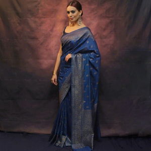 Sari en soie bleue avec broderie Zari, tenue traditionnelle indienne pour mariage, pour femmes, longueur au sol, sari ethnique de créateur - Product Image 2