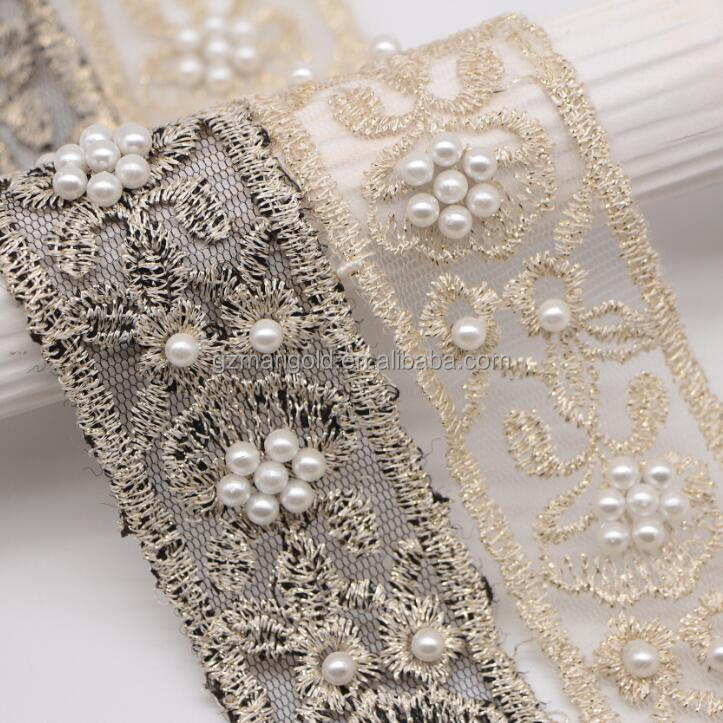 Embroidery Beaded Pearl Gold and Silver Women Dress French Tulle Border  Lace Trimming Fabric With Beads for Wedding Dress