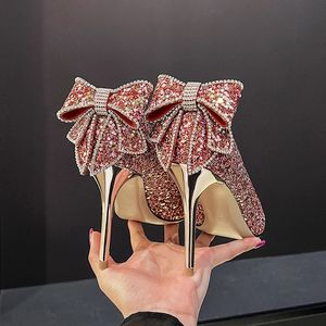 Size 33-43 Sequin Bow Talon Haut Slipper Summer Sandals Cute Designer Shoes Women <b>Heels</b> - Product Image 3