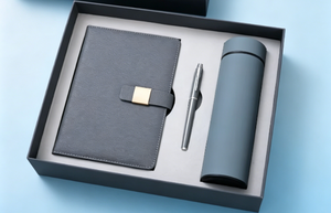 Wholesale Business Luxury <b>Diary</b> Bottle Set Customizable Blue PU Leather A5 Notebook Gift Set With Pen, Thermal Mug and USB - Product Image 5