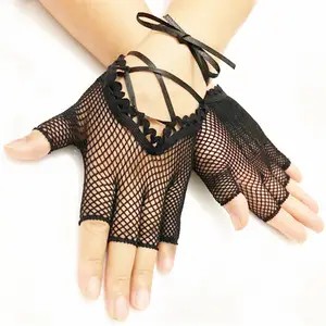 MIO Sexy Elbow Lace Up Fingerless Gloves Vintage Black Fishnet Mesh Lace Punk Gloves Women Party Dance Short Mittens