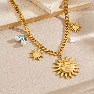 Gold Plated Stainless Steel Sun Face Ceramic Rainbow Pendant Necklace <b>Bracelet</b> <b>Set</b> Unisex Jewelry Fashion Accessory - Product Image 2
