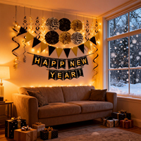 640426 Silvester-Party-Dekorationsset: Schwarz, Gold und Silber, sowie Banner mit der Aufschrift "Frohes Neues Jahr" für eine glamouröse Feier