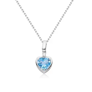 White Gold Plated 925 Sterling Silver Love Heart Pendant Necklace Natural Blue Topaz Necklace Pendant