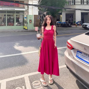 French Retro Rose Red U Neck Suspender Maxi Dress Pleated Waist Full Skirt Women Summer Casual Dress Breathable Vintage Style - Product Image 4