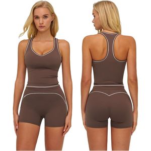 Two Piece Workout Set Women Racerback Tank <b>Top</b> High Waist Shorts Gym Yoga Outfit Contrast Binding Breathable Spandex Polyester - Product Image 1