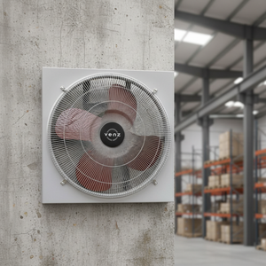 Ventilador industrial VENZ con aspas rojas delanteras y traseras, modelo IF-16 F-B(S) TIS, tamaño de aspas de 16 pulgadas. - Product Image 1