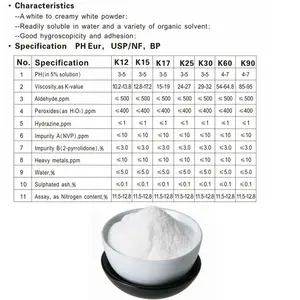 Povidone K17 Pvp Polyvinylpyrrolidone K (K17、K25、K30、K90) のトップメーカー