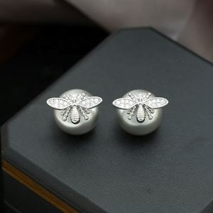 2025 Tibetan Silver Imitation Pearl Stud Earrings High Grade Luxury Geometric Design Gold Plated Zircon Women's <b>Jewelry</b> - Product Image 3