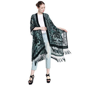 WeHello Women's Boho Burnout Velvet <b>Kimono</b> Long <b>Cover</b> <b>up</b> with Tassel-Casual Cardigan-Shawl - Product Image 5