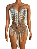 Combinaison sexy à col en V pour soirée en boîte de nuit, perles, franges, justaucorps pour femmes, combinaison à strass, tenue de festival, vêtements de danseuse gogo