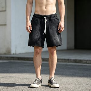 Pantalones cortos de hombre 100% algodón de felpa francesa, lavado ácido, estilo vintage, holgados, de pierna ancha, con cordón, efecto pulverizado, para hombre - Product Image 3