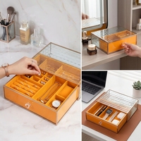 Boîte à bijoux en verre en gros avec tiroir en velours orange, organisateur de rangement pour bijoux à compartiments et bouton en cristal pour la vente au détail