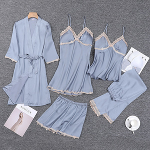 Conjunto de pijama de cinco piezas de imitación de seda negra, estilo europeo y americano, a la moda y cómodo, al por mayor. - Product Image 1