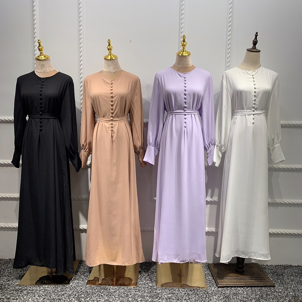 Wholesale High Quality Elegant Muslim Women Long Abaya with buttons Chiffon Dress Islamic Clothing