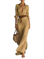 Robe chemise longue à col revers et manches longues pour femme, avec taille froncée et ceinture, couleur unie, élégante, pour les vacances, longueur ras du sol