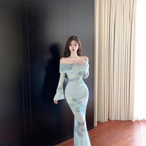 Off Shoulder Mesh Long Sleeve Dress Women Summer Slim Fit Bodycon Fishtail Printed Flower Chinoiserie Evening Dress - Product Image 4