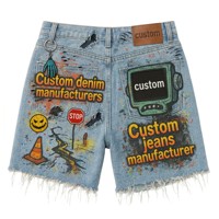 Fabricants sur mesure de jorts en jean baggy Y2K Cyber style urbain, pour l'été, avec impression graffiti intégrale, broderie et ourlet effiloché, vêtements sur mesure