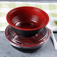 Bol rond en plastique jetable de 700 ml pour salade, soupe chaude, récipient alimentaire en PP, à emporter, rouge et noir, avec couvercle, micro-ondable, étanche