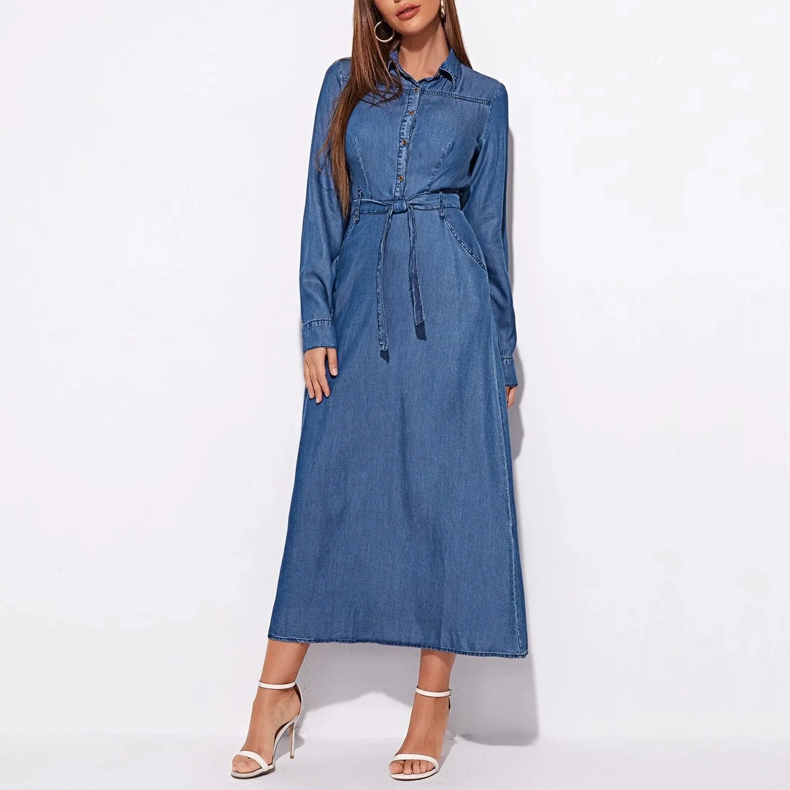 Oem mùa thu mùa xuân denim Maxi Dress Áo sơ mi phụ nữ dài tay áo nút phía trước túi denim với vành đai cho phụ nữ denim Dresses