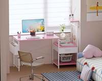 Bureau compact rose pour le travail, l'étude et l'écriture à domicile, avec rangement latéral, étagère pour imprimante et tiroirs, idéal pour PC et jeux vidéo