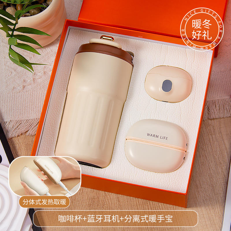 [ชุดสามชิ้นสีส้ม] 316 ถ้วยกาแฟ ที่อุ่นมือแบบแยกส่วน หูฟังบลูทูธ