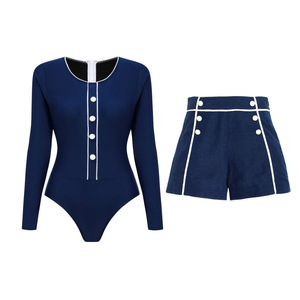 Traje de Baño de Dos Piezas Azul Marino Vintage para Mujer, Top Tipo Body con Botones y Pantalones Cortos de Cintura Alta con Control de Abdomen, OEM - Product Image 5
