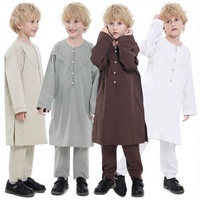 Robe Abaya Kaftan Thobe islamique pour enfants musulmans, garçons, 2 pièces, manches longues, col rond, polyester, antistatique