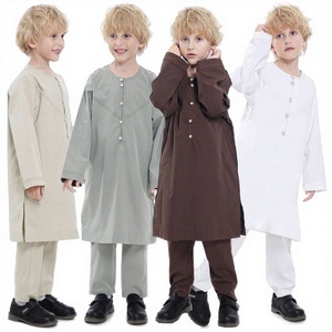 Robe Abaya Kaftan Thobe islamique pour enfants musulmans, garçons, 2 pièces, manches longues, col rond, polyester, antistatique - Product Image 5