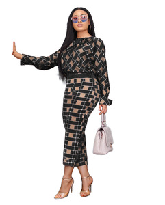 Ensemble deux pièces pour femmes, style tendance, vêtements pour femmes européens et américains, automne, nouveau, manches longues, t-shirt ample pour femmes, <span class=keywords><strong>pantalon</strong></span> à carreaux - Product Image 2