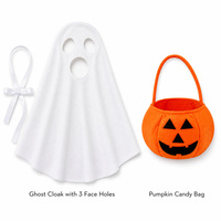 Costume d'Halloween pour chien, motif fantôme, avec capuche en tissu blanc et seau à bonbons citrouille, tenue amusante, mignonne et effrayante pour animaux de compagnie, pour la fête des trucs ou des friandises, pour chiens et chats