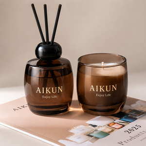 Aikun Factory Made Large Capacity Amber Glass Long Lasting Reed <b>Diffuser</b> Candle Set with Any Scent Custom Foil Logo Beige Box - Product Image 4