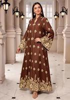 Robe longue élégante en polyester à imprimé floral, col montant orné de strass, style Abaya Kaftan Maxi pour femmes