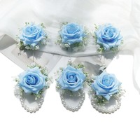 H0013 Korsase Pergelangan Tangan Boutonniere Mawar Buatan Sutra Buatan Tangan Perlengkapan Pernikahan Gaya Eropa Biru Langit
