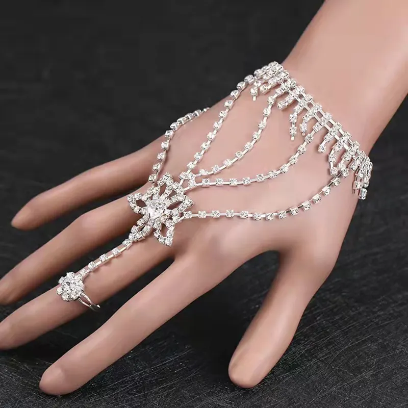 Bulk Wholesale Pave Glistening Latest Bridal Jewelry Fashion Flower Shape Design Finger Chain Ring Bracelet