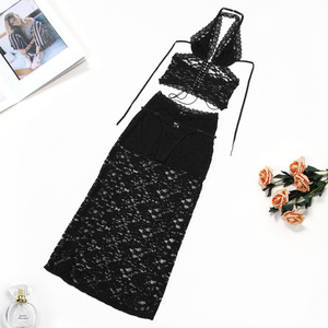 New Design Hanging Neck Thin <b>Perspective</b> Mesh Lingerie Set Hot Selling Long Skirt Women's Bra Brief Set - Product Image 4