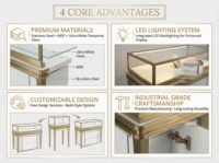 Vitrine de présentation de bijoux en acier inoxydable doré avec LED personnalisées, comptoir de présentation de bijoux rectangulaire en verre pour boutique de bijoux