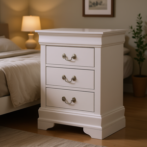 Table de chevet blanche traditionnelle à 3 tiroirs en bois, meubles de chambre à coucher - Product Image 2