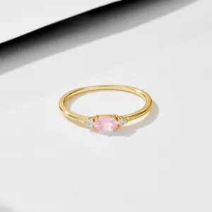 Exquisite High Quality 925 Sterling Silver 14k Gold Plated Ring Extra Skinny Ring Vintage Style Oval Pink CZ Ring For Women Girl