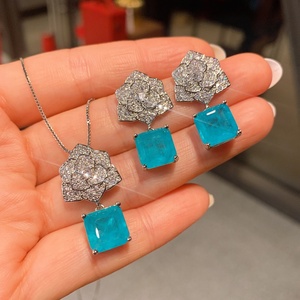 Fashion Eco-friendly Copper Romantic Events Floral Pendant <b>Earrings</b> <b>Set</b> 10*10MM Blue Zircon Flower Jewelry <b>Set</b> for Women - Product Image 1