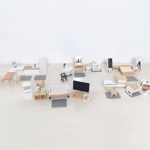 Children's Mini Scandinavian Small Furniture Kitchen Bedroom Play House Combination Simulation Dollhouse Ornaments Wooden Toys