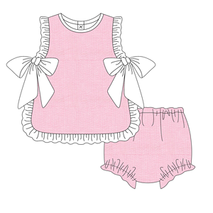 女婴夏季服装套装 粉色格子上衣，带大蝴蝶结和灯笼裤 幼儿荷叶边精品服装 - Product Image 4